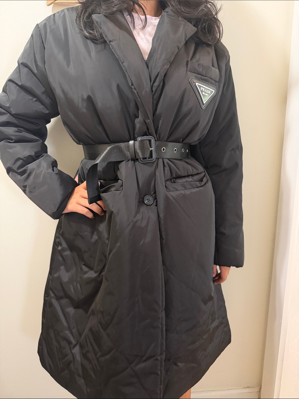 Women, Prada Black Quilted Belted Puffer Coat Size small - Picture 11 of 16